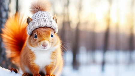 Winter holiday composition with cute ginger squirrel in knitted hat on snowy landscape background. Hello winter. Concept of Christmas, New Year, winter vacations. Wild life. Copy space. Generative aiの素材