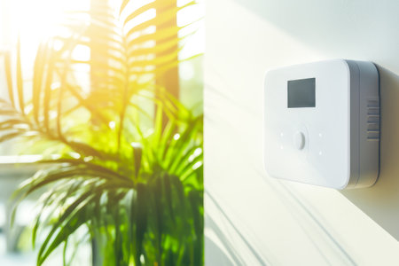 Smart sustainable home. Smart home screen ai technology connected appliances device on wall monitoring energy security heating system digital control in apartment. Smart home concept. Generative aiの素材