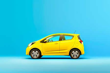 Sustainable eco friendly trip on electric vehicle EV car. Small yellow electric car on bright blue background. Concept of alternative sustainable eco energy and ecological travel. Copy space. Generative aiの素材