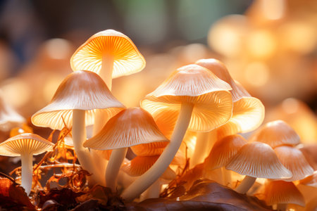 Raw natural mushrooms of honeydew with mycelium on sunny forest background. Edible mushrooms. Concept of healthy sustainable food and organic products. Closeup. Generative aiの素材