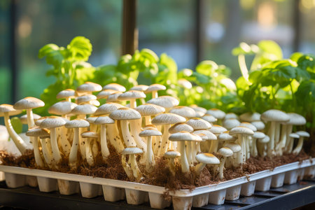 Organic mushrooms growing on modern mushroom farm. Greenhouse for mushroom cultivation. Natural mushroom production industry. Generative aiの素材