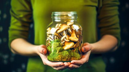 Woman holding glass jar with natural wild forest mushrooms and herbs on dark background. Edible mushrooms. Concept of healthy sustainable food. Salted, marinated, fermented mushrooms. Generative aiの素材