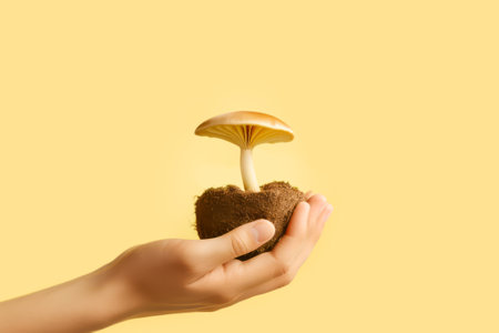 Hand holding raw natural mushroom with mycelium on beige background. Edible mushrooms. Concept of healthy sustainable food and organic products. Front view. Generative aiの素材