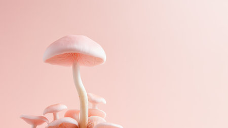 Raw natural mushrooms of honeydew on tender pink background. Edible mushrooms. Concept of healthy sustainable food and organic products. Front view, copy space. Generative aiの素材