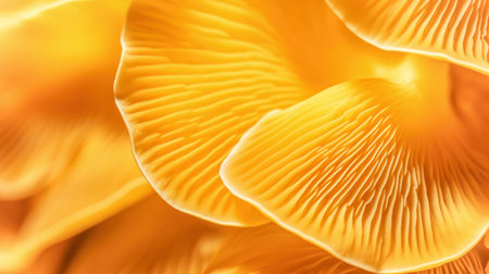 Chanterelle mushroom texture pattern for design and decoration. Beautiful natural ginger edible mushrooms macro background. Edible mushrooms texture. Autumn mushroom pattern. Closeup. Generative aiの素材