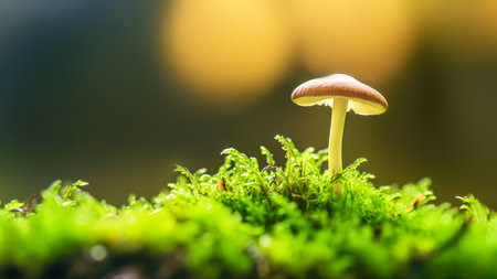 Raw natural mushroom with green moss on blurred forest background. Edible mushrooms. Concept of healthy sustainable food and organic products. Front view, copy space. Generative aiの素材