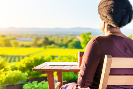 Elderly African American woman relaxing, drinking coffee and looking on summer landscape. Concept of relaxing, health, slow down , mental health, menopause and self care. Copy space. Generative aiの素材