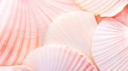 Beautiful tender pink sea shells background. Macro of marine seashell texture backdrop. Amazing light rose shell texture pattern for design and decoration. Close up. Generative aiの素材