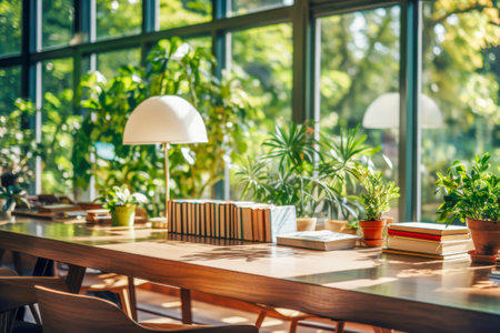 Cozy sustainable interior of library or bookstore cafe with wooden table with books and lamps near big window with beautiful garden landscape. Librarian core trend. Generative aiの素材