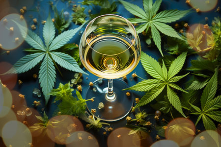 Glass of White Wine and Marijuana Leaves on a Festive Bokeh Background. Medicine marijuana cannabis, sativa leaf for relaxing and good health. Blissful Blend. Party, event and stress relief conceptの素材