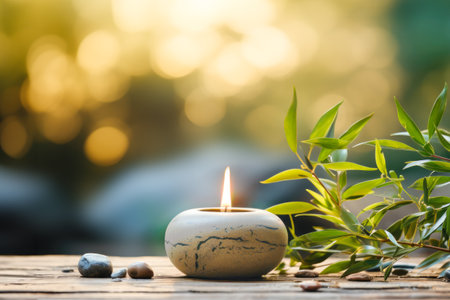 Spa relaxing still life with burning candle and bamboo leaves on wooden table. Harmony of nature, healing and mental health background. tranquility and unity with nature. Copy space. Generative aiの素材