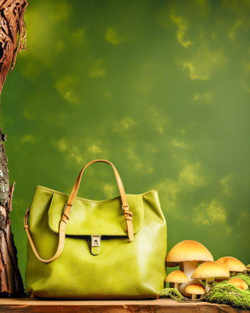 Plant based material bag and mushrooms on green background. Eco leather made from mushroom mycelium, toadstools and woody mushrooms, zero waste lifestyle, no killing animals. Copy spaceの素材