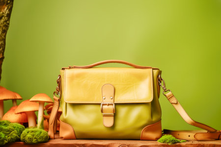 Plant based material bag and mushrooms on wooden podium on green background. Eco leather made from mushroom mycelium, toadstools and woody mushrooms, zero waste lifestyle, no killing animalsの素材