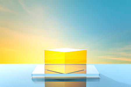 Empty cube podium for presentation, glowing with golden hues, sits atop reflective platform, juxtaposed against tranquil gradient sky. Concept scene stage for new product, promotion sale, presentationの素材