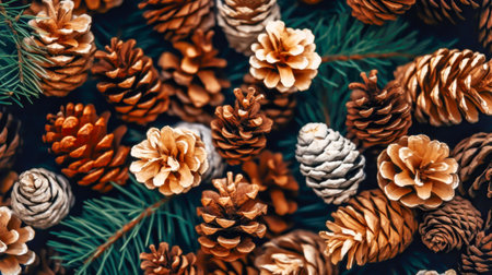 Nature Christmas background of green spruce branches and pine cones. Eco friendly Christmas and natural decoration concept. Eco winter holiday backdrop. Generative aiの素材