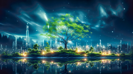 Abstract digital high tech city design for banner background. Futuristic urban architecture, cityscape with space and neon light effect. Modern hi-tech, science and technology concept. Generative aiの素材