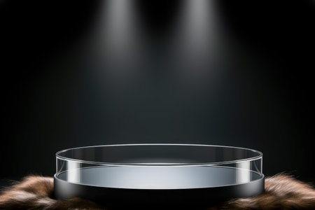 Empty round glass podium for presentation on fur rug on black background. Show case for natural cosmetic products. Scene stage for product, promotion sale and presentation. Template. Generative aiの素材