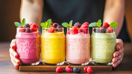 Woman holds in her hands set of fresh smoothie with berries and mint. Healthy detox diet or vegan food concept. Fresh vitamins, breakfast drink with fruits and vegetables. Veganuary. Front viewの素材