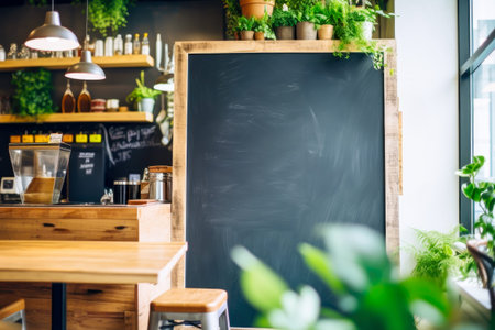 Interior of eco-friendly vegan cafe corner featuring blank blackboard for your text, potted plants, and natural wood furniture, ideal for eco-conscious branding and menu displays. Templateの素材