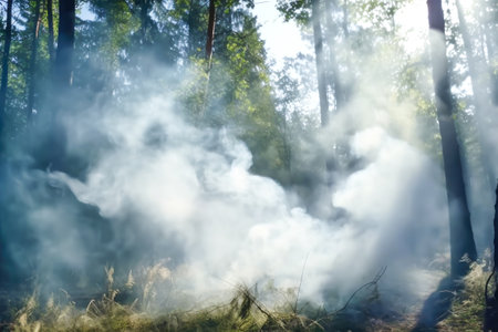 Forest fire in summer morning. Smoke among amidst a verdant forest trees and plants, bathed in light. Natural disasterの素材