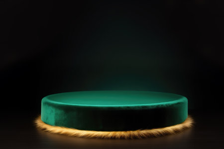 Empty round podium with plush, emerald green velvet texture for presentation on dark background. Show case for natural cosmetic products. Scene stage for high-fashion product and promotionの素材