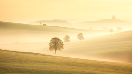 Misty golden hills dotted with solitary trees, an ethereal English rural landscape perfect for eco-tourism and sustainability themes in travel and nature publications. Generative aiの素材