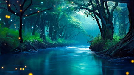 Serene river winds through a mystical, glowing night forest, perfect for themes of fantasy, nature, and tranquility, meditationの素材