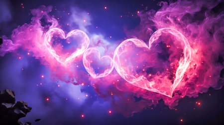Interlocking light hearts of ethereal pink and purple smoke against a cosmic galaxy backdrop offer a romantic scene for futuristic Valentine's Day card backgrounds. Galaxy abstract backgroundの素材