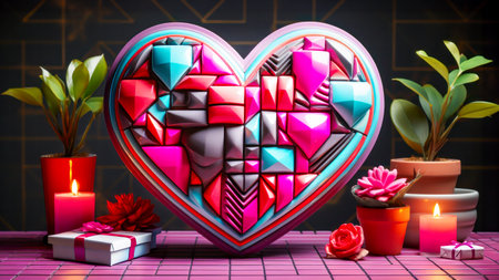 3D-rendered heart composed of reflective, faceted sections in shades of pink, red, and blue, centered amidst romantic Valentine's Day themed home decor including candles, gifts, and houseplantsの素材