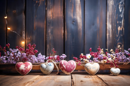 Rustic romantic setting with vintage heart ornaments and delicate flowers on wooden background. Empty space for text or montage of your products. Concept of love, feelings, date or Valentines dayの素材
