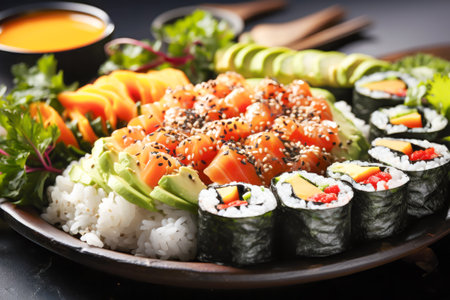 Selectable display of sushi, including sashimi, avocado-topped nigiri, and vegetable maki rolls, sprinkled with sesame seeds, emphasizes healthy eating and caters to vegan dietary preferencesの素材