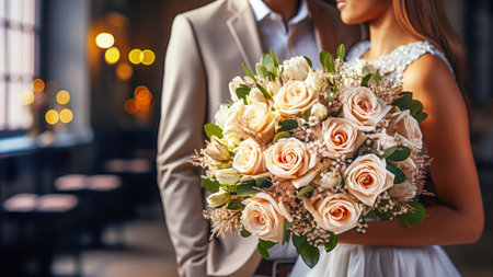 Bridal bouquet of delicate cream roses, cradled in embrace of couple, suggesting a wedding day or significant romantic event, with soft bokeh lights. Concept of Love, Dating, Marriage, Valentines Dayの素材