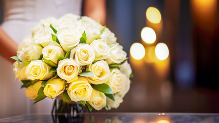 Bride holding traditional wedding bouquet of white roses on wedding ceremony on church interior background with burning candles. Concept of wedding and love. Copy spaceの素材