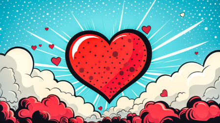 Bold red heart in the center of comic book-style scene, surrounded by smaller hearts against a background of white clouds and radiant blue sky. Valentines day card. Concept of love, feelings and dateの素材
