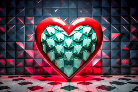 3D-rendered style large, gem-like heart is the centerpiece against a dark, angular mosaic background of modern futuristic theme. Concept of love, feelings, date and Valentines day. Generative aiの素材