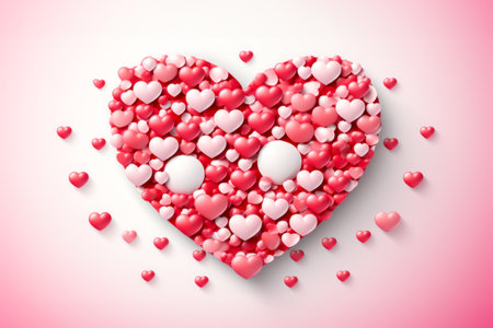 large heart composed of smaller hearts in varying shades of pink and red dominates the image, symbolizing love and the celebration of Valentine's Day against a soft pink backgroundの素材