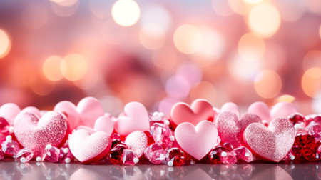 Holiday pink background of mix of pink and red hearts amidst sparkling gems against a bokeh backdrop, symbolizing romance and Valentine's Day celebration. Copy spaceの素材