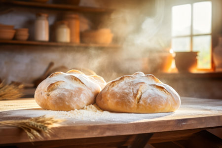 Fresh breads on table in flour placer. Fresh bread on the kitchen table in bakery shop. Healthy eating and traditional bakery concept. Rustic styleの素材