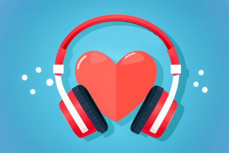 Red heart is embraced by a pair of headphones against a blue background, symbolizing a love for music and audio streaming servicesの素材