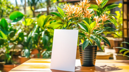 Outdoor flower shop of blank white card on a sunny garden table near vibrant potted plants with green leaves and orange blooms. Template of floral shop card. Generative aiの素材