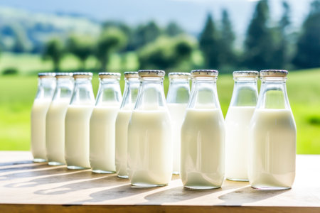Glass milk bottles lined up with a sunny, pastoral scene in background, symbolizing the purity and health benefits of organic farm-produced milk. Healthy food. Local organic products. Generative aiの素材