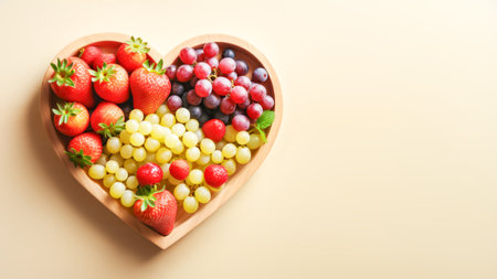 Heart-shaped wooden bowl filled with an assortment of fresh berries, strawberries, blueberries, red and green grapes on a light background. Concept of healthy eating and nutritional love. Copy spaceの素材