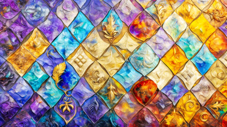 Kaleidoscope of colorful, diamond-shaped tiles creates mosaic, each with intricate golden designs suggestive of a luxurious carnival mask. Festive, theatrical background perfect for masquerade eventの素材