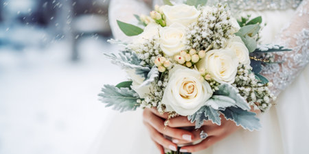 Bride holding winter wedding bouquet with white roses on snowy backdrop. Concept of wedding, love, Woman's day, 8 march and Valentines day. Copy spaceの素材