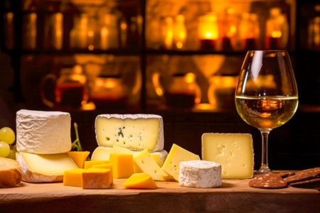 Cheeseboard. Assortment of natural cheeses on wooden board with glass of white wine. Cheese tasting session in cozy, ambient setting. Enjoyment of gourmet food and drink. Healthy food. Copy spaceの素材