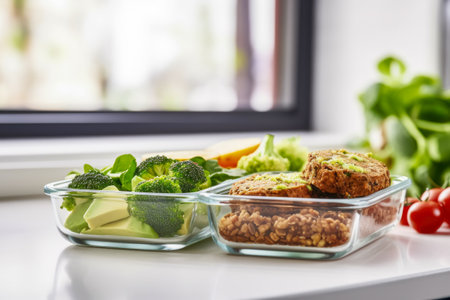 High-energy vegan fitness meal prep with pre-portioned container filled with brown rice, steamed broccoli and avocado slices on blurred interior background with window. Generative aiの素材
