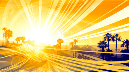 Radiant sunrise with sunbeams piercing through silhouettes of palm trees, creating a dynamic pattern of light and shadows, conveying the beauty and energy of a new day dawning. Generative aiの素材