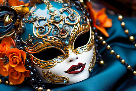 Close-up of an ornate Venetian mask adorned with golden swirls, jewels, and orange roses, suggesting opulence and mystery, perfect for themes of carnival, masquerade, and theatrical festivitiesの素材