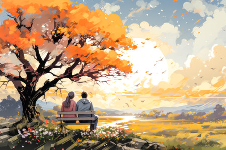 Elderly couple sits on a bench under a vibrant, autumnal tree, gazing at a sweeping landscape bathed in the golden light of sunset. Healthy aging life. Tourism, pension concept. Copy spaceの素材