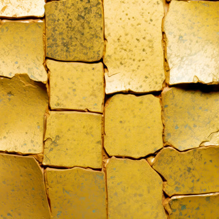 Art background of golden surface. Golden textured surface of cracked golden tiles, forming a cohesive yet fragmented pattern, evoking themes of decay and the transience of opulence. Square formatの素材